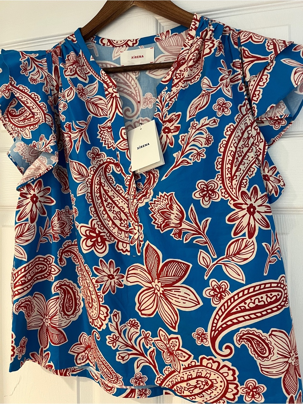 XiRENA women’s M Capri Blue Floral Paisley Ruffle Sleeve Blouse 100% cotton NWT